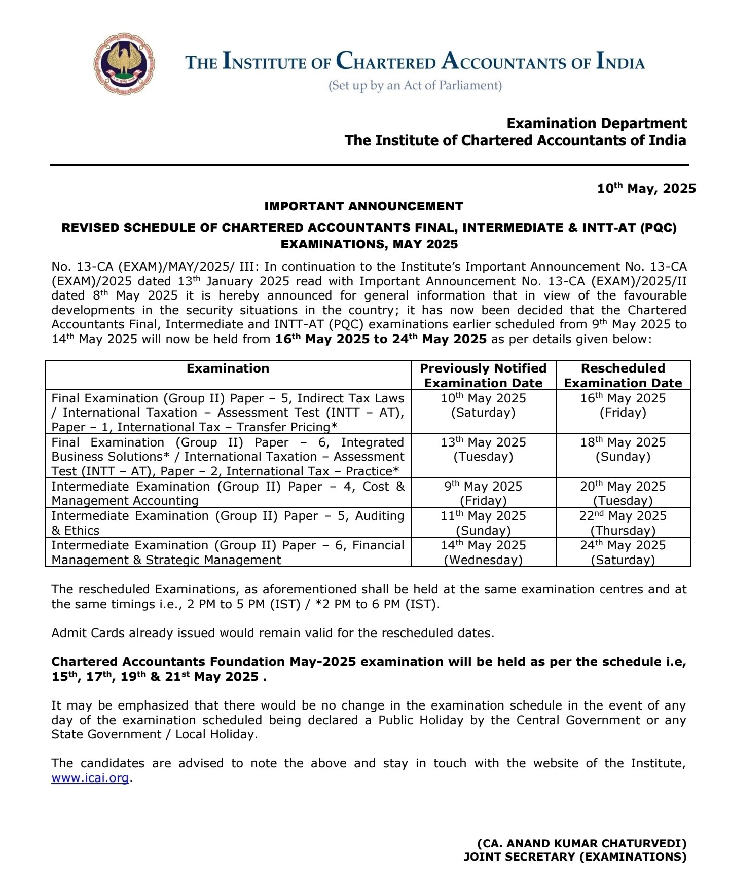 CA Exam New Timetable