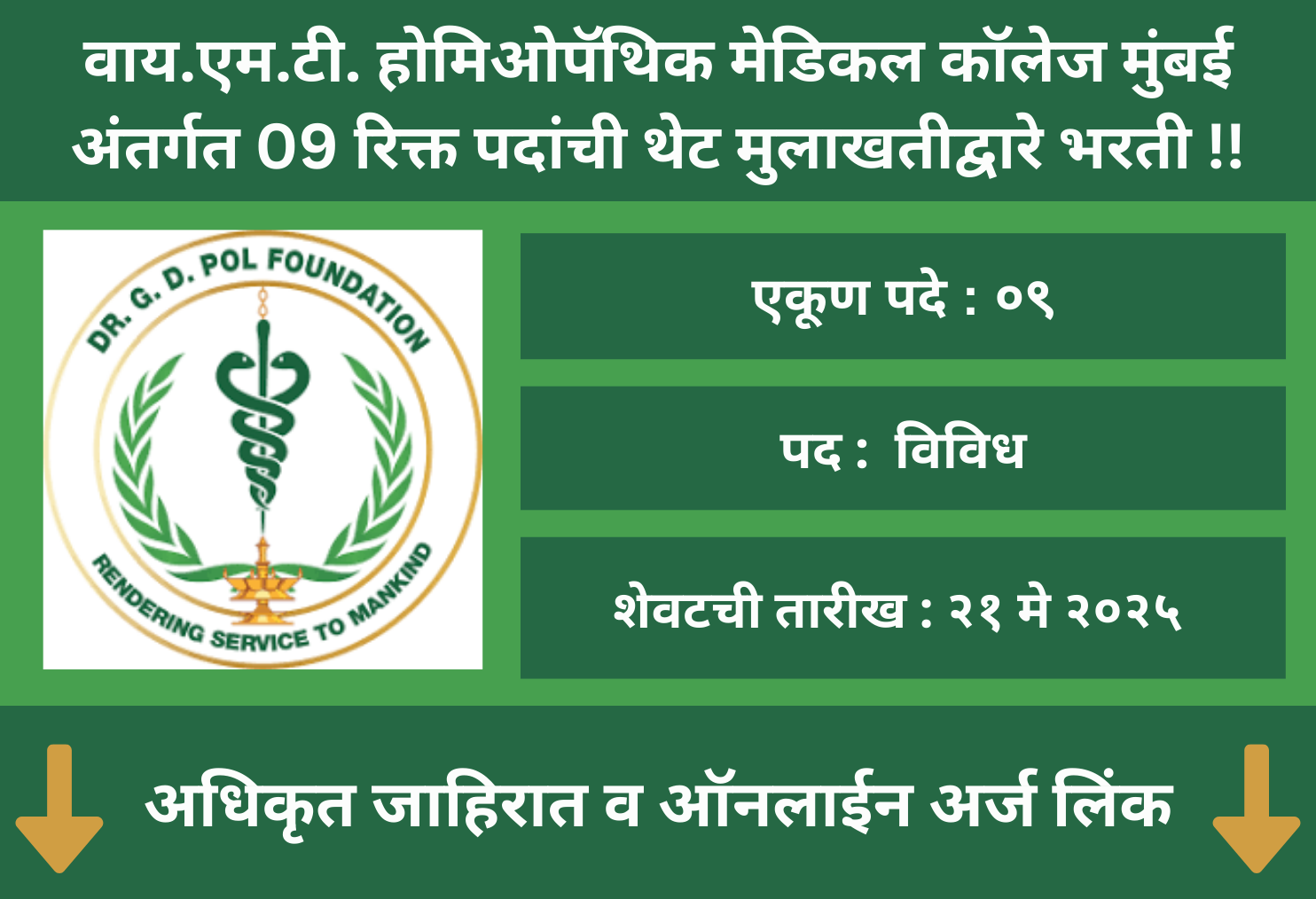 Y.M.T. Homeopathic Medical College Mumbai Recruitment 2025