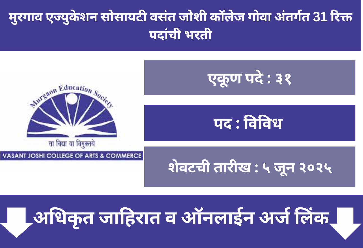 Murgaon Education Society Vasant Joshi College Goa Recruitment 2025