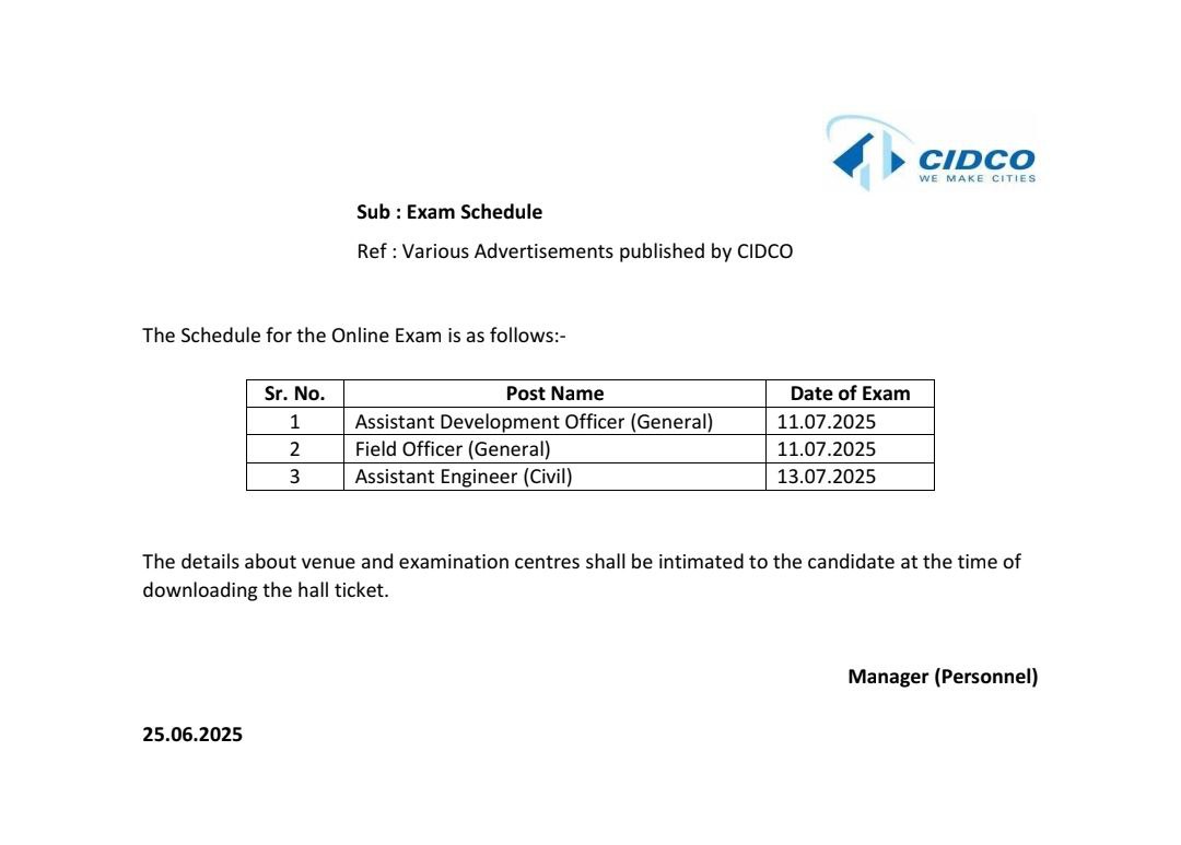 CIDCO Exam Schdule 2025