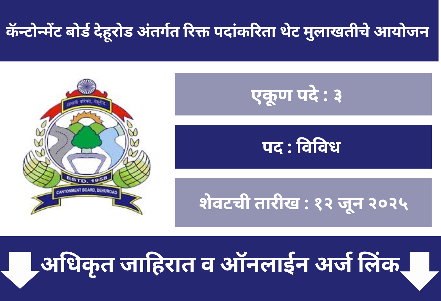 Cantonment Board Dehu Road Walk in Applications 2025