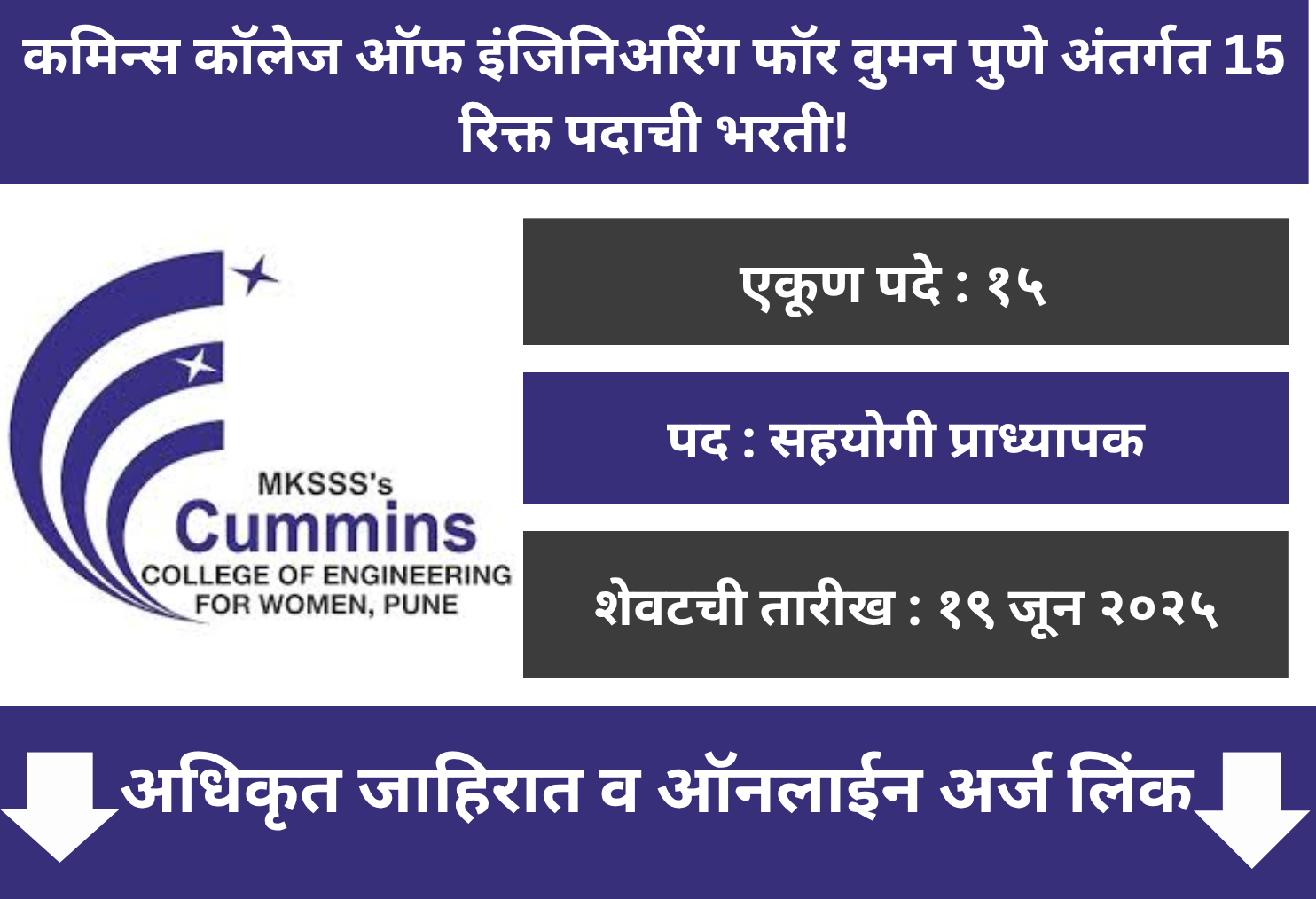 Cummins College of Engineering for Women Pune Recruitment 2025