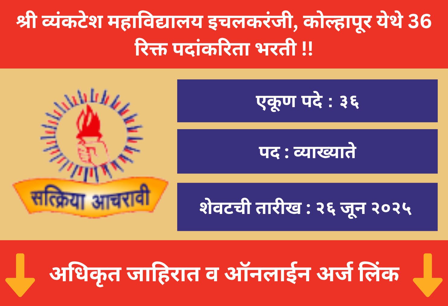 Shri Venkatesh College Ichalkaranji, Kolhapur Recruitment 2025