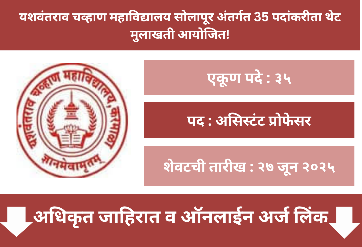 Yashwantrao Chavan Mahavidyalaya Solapur Recruitment 2025