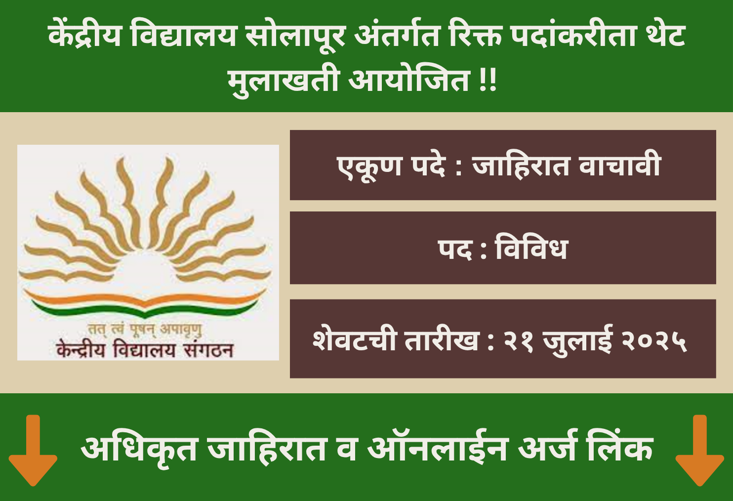 Kendriya Vidyalaya Solapur Recruitment 2025