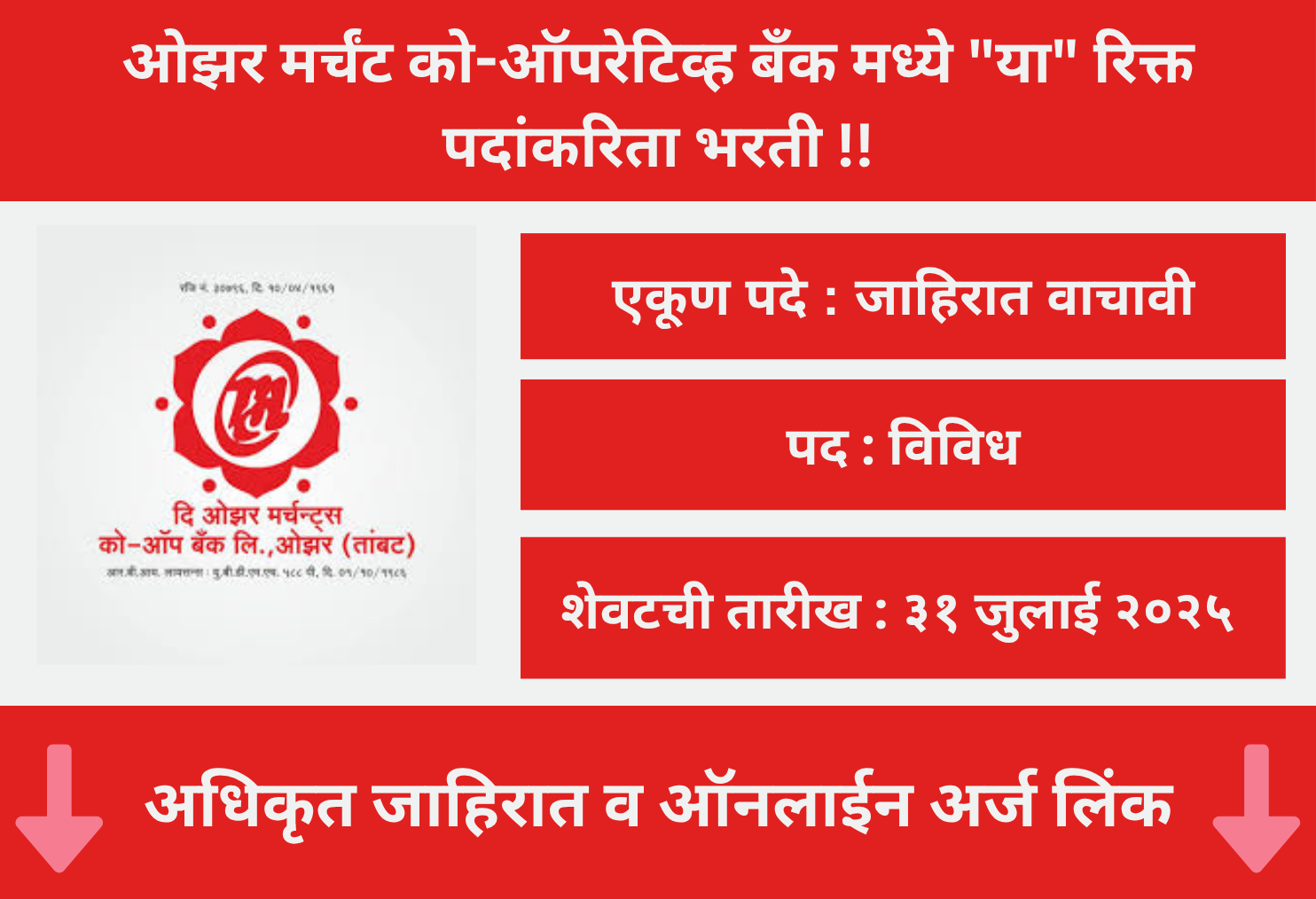 Ojhar Merchant Co-Operative Bank Nashik Recruitment 2025