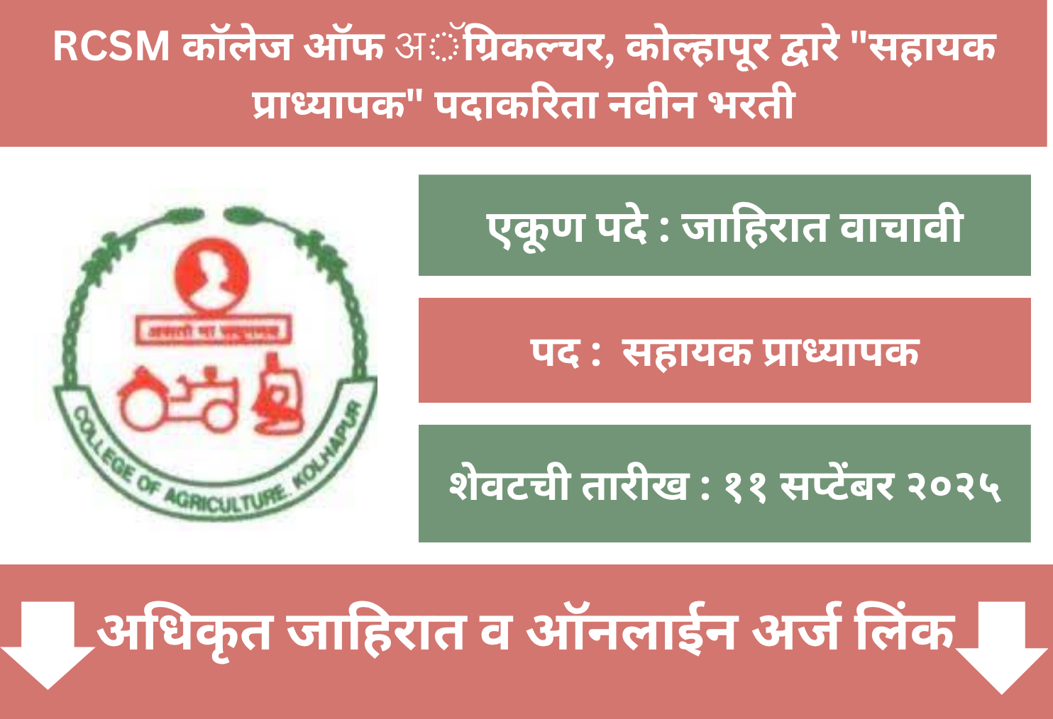 RCSM Agriculture College Kolhapur Recruitment 2025 