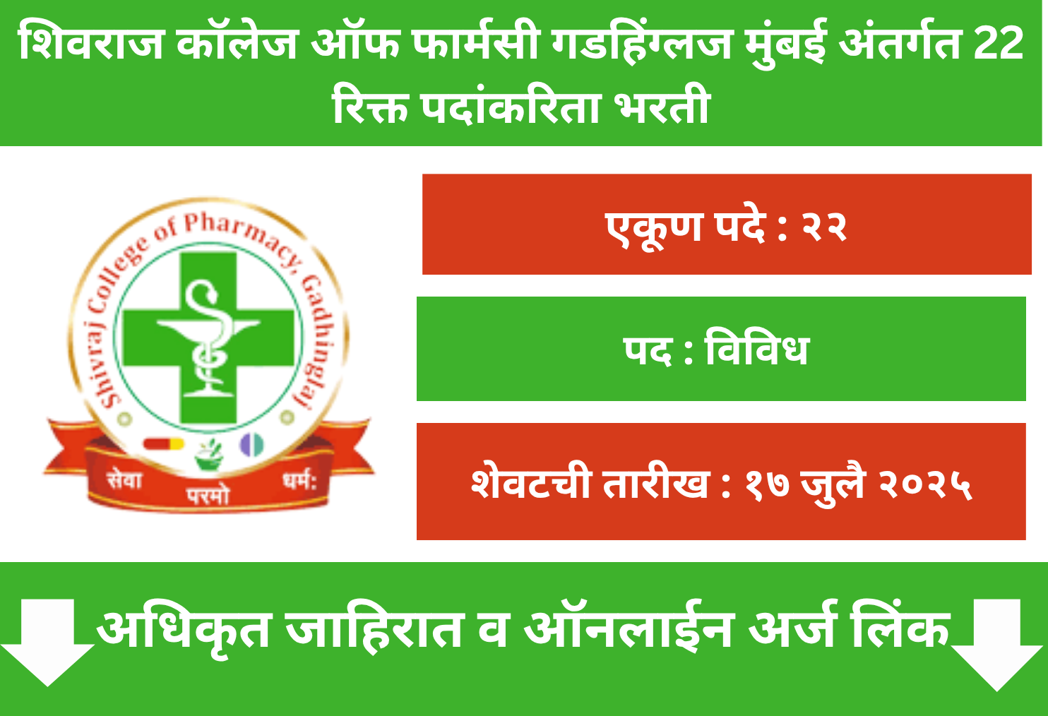 Shivraj College of Pharmacy Gadhinglaj Mumbai Recruitment 2025