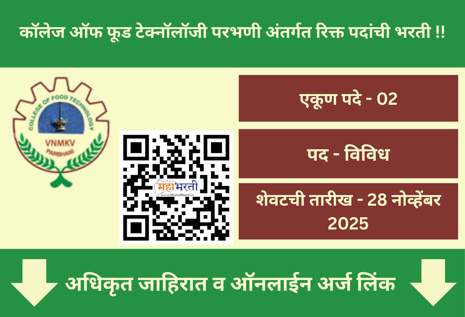 College of Food Technology Parbhani Recruitment 2025