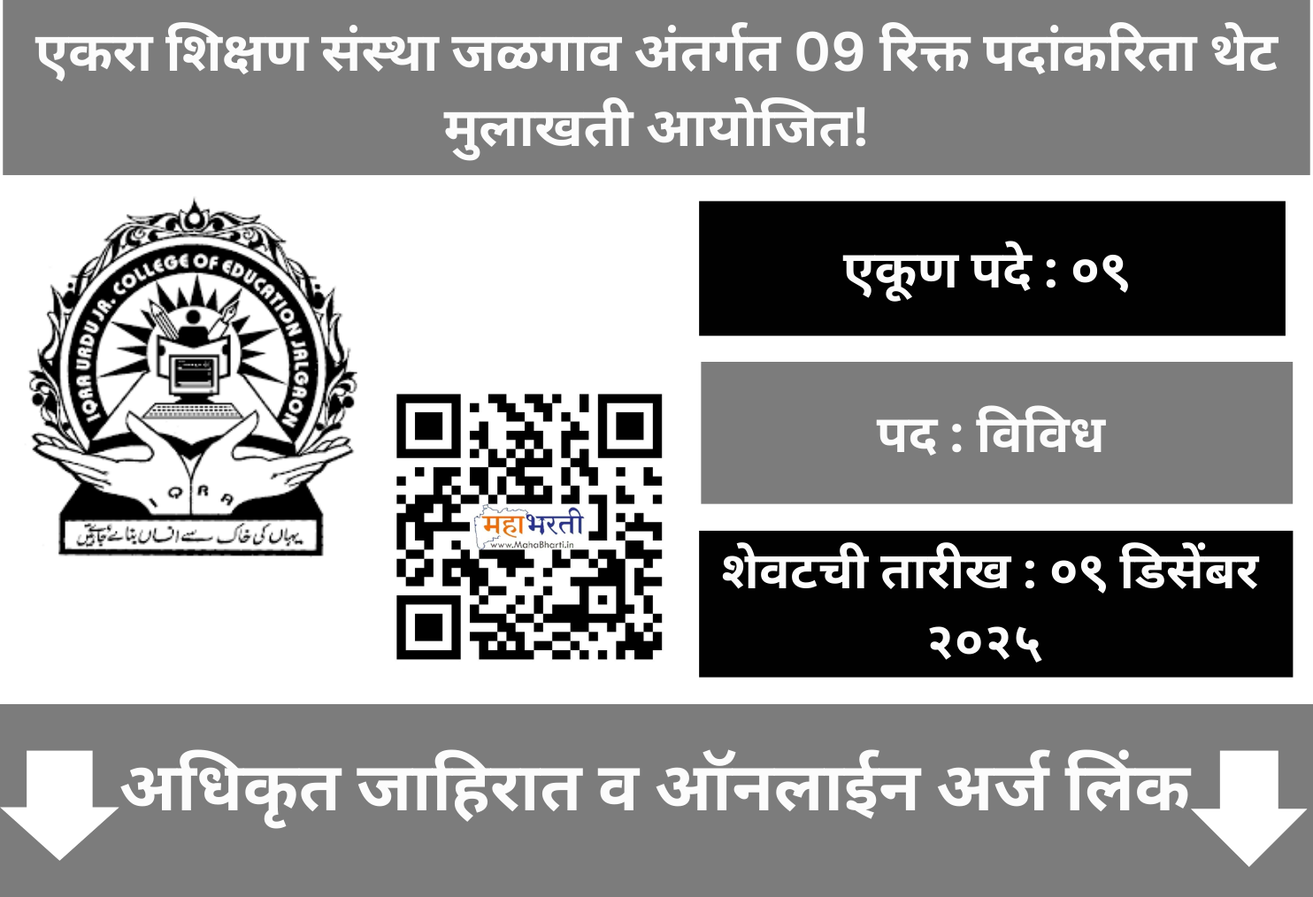 Iqra Shikshan Sanstha Jalgaon Recruitment 2025