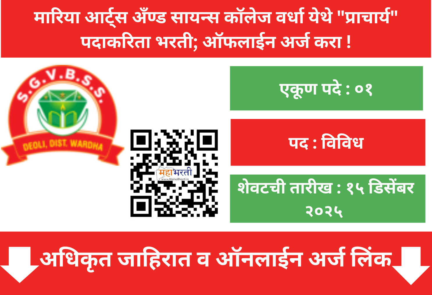 Mariya Arts & Science College Wardha Recruitment 2025