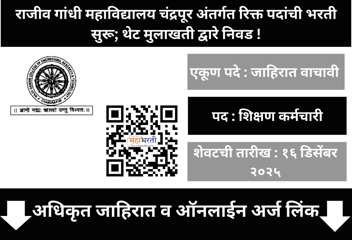 Rajiv Gandhi Mahavidyalaya Chandrapur Recruitment 2025