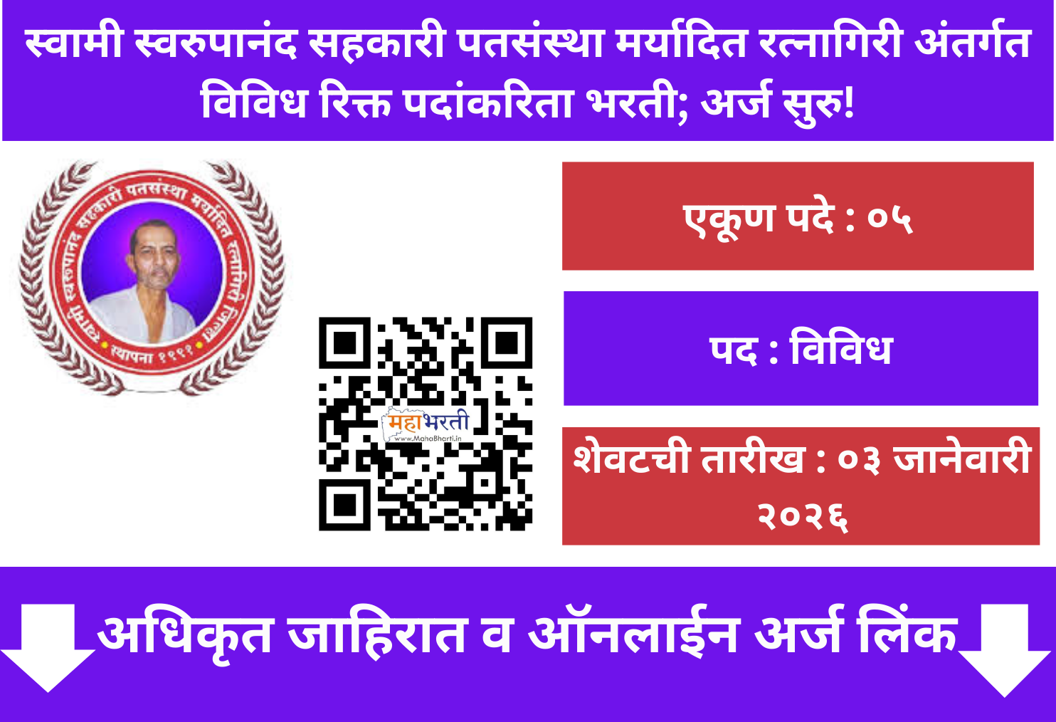 Swami Swaroopanand Sahakari Patsanstha Recruitment 2026
