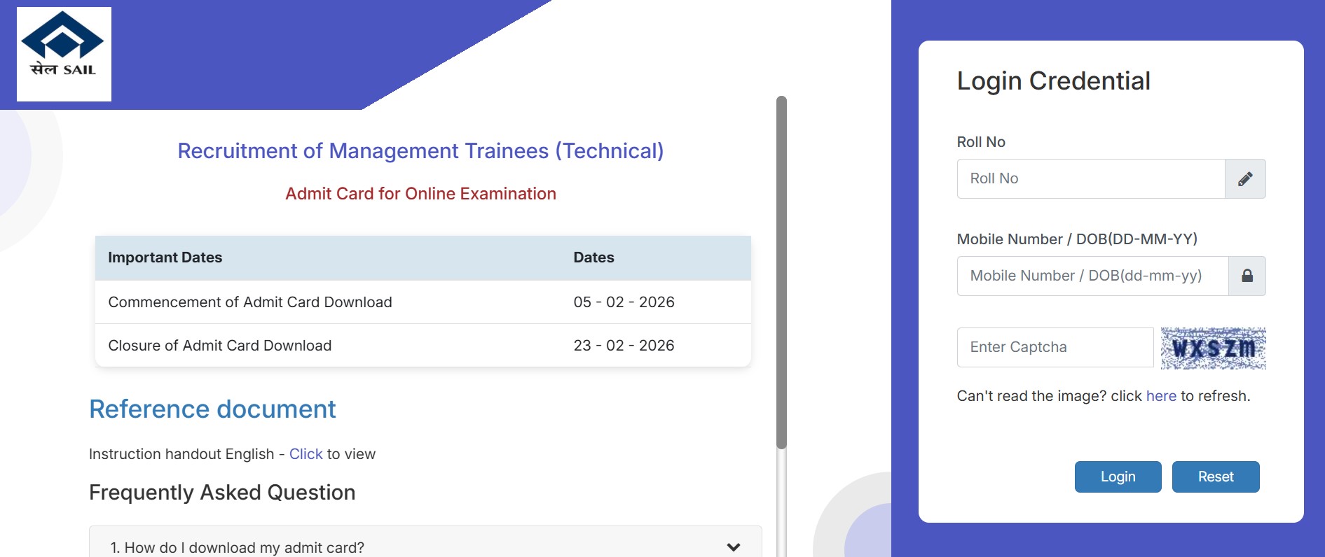 SAIL Management Trainee Admit Card Download