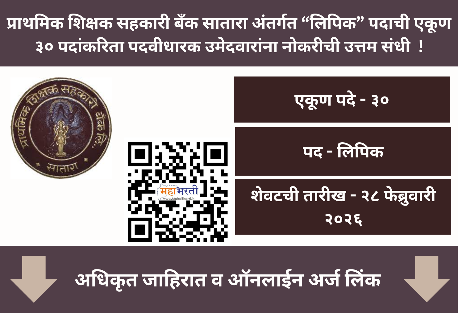 Prathamik Shikshak Sahakari Bank Satara Bharti 2026