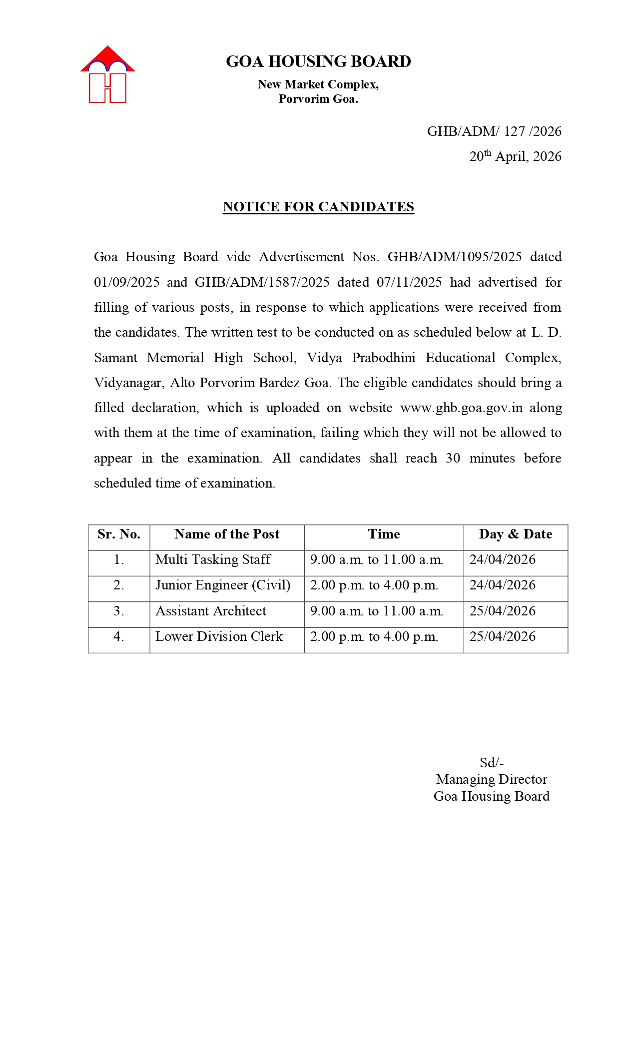 Goa Housing Board Exam Date