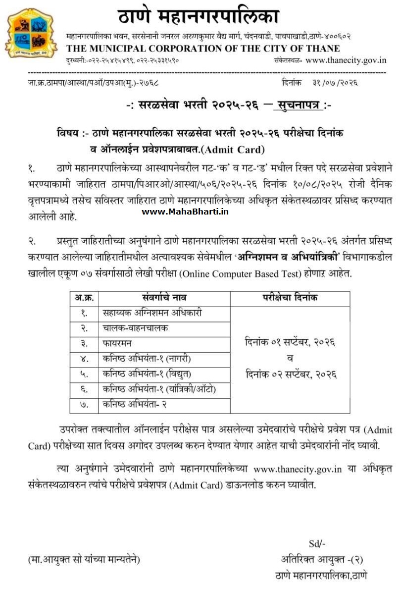 Thane Mahanagar Palika Admit Card
