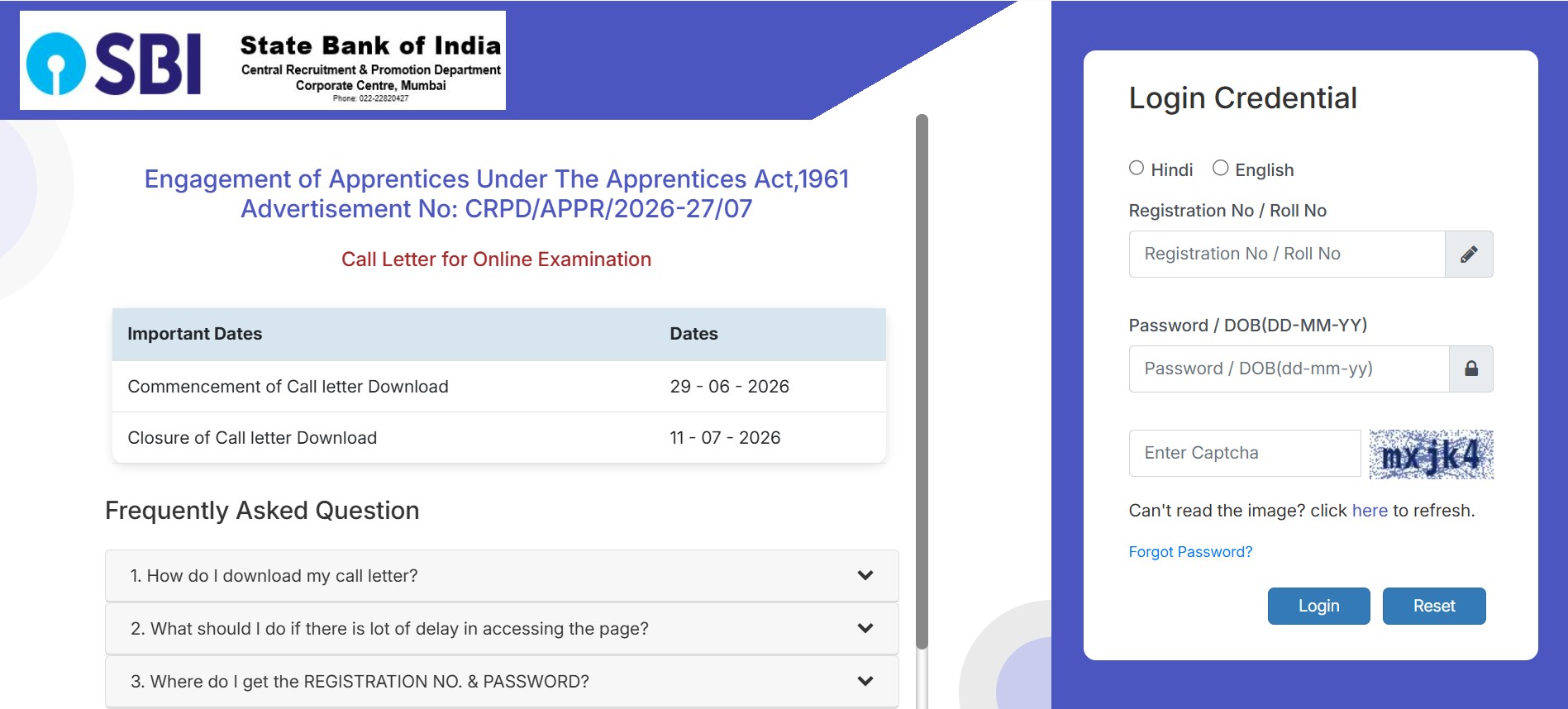 SBI Apprentice Admit Card 2026